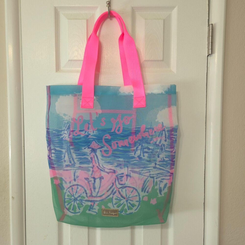 Lilly Pulitzer Let's Go Somewhere Mesh Tote Bag Beach Bicycle Pink Blue 16x17